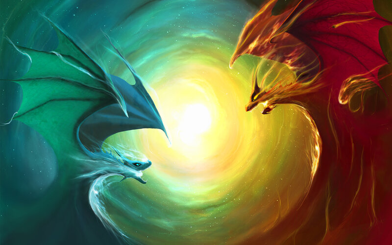 Two Dragons Facing Each Other — Green, Dramatic, Digital Art, Dragon, Fire, Light, Red, Yellow