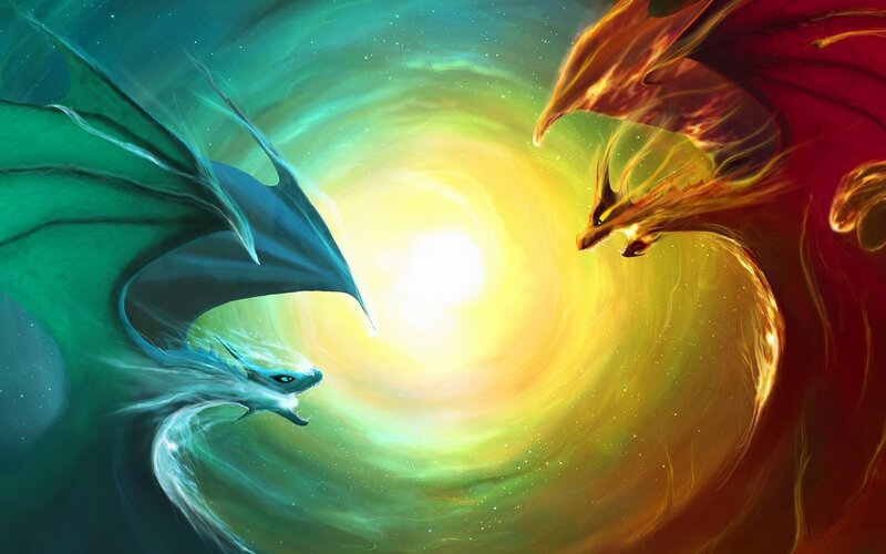 Two Dragons Facing Each Other — Green, Dramatic, Digital Art, Dragon, Fire