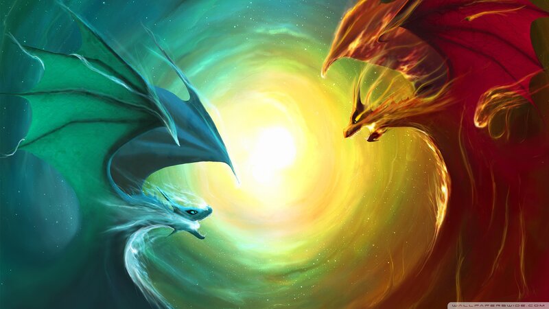 Two Dragons Facing Each Other — Green, Dramatic, Digital Art