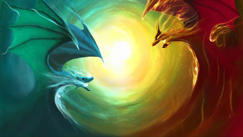 Two Dragons Facing Each Other — Green, Dramatic