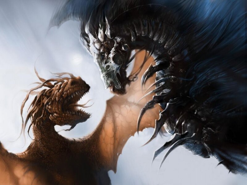 Two Dragons Facing Off — Black, Dramatic, Digital Art
