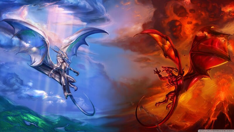 Two Dragons Facing Off — Blue, Dramatic, Digital Art, Clouds, Sky, Mountains, Red