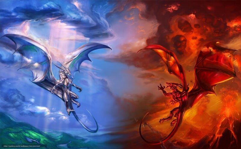 Two Dragons Facing Off — Blue, Dramatic, Digital Art, Clouds, Sky