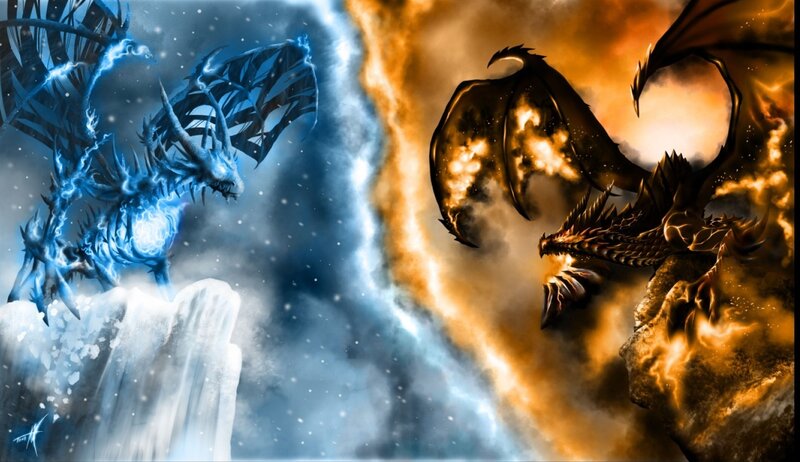 Two Dragons Facing Off — Blue, Dramatic, Digital Art, Ice
