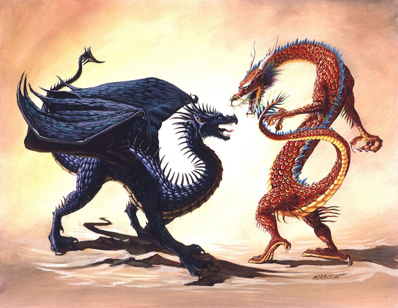 Two Dragons Facing Off — Red, Dramatic, Sunset