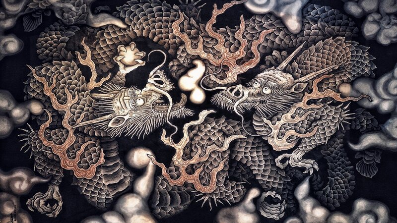 Two Dragons Fighting — Black, Dramatic, Illustration, Clouds