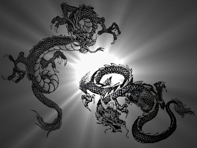 Two Dragons Fighting — Black, Dramatic, Illustration, Light