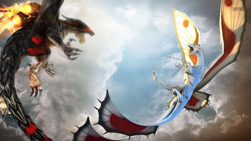 Two Dragons Fighting — Blue, Dramatic, Digital Art, Clouds