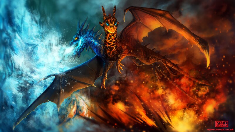 Two Dragons Fighting — Blue, Dramatic, Digital Art, Fire, Ice