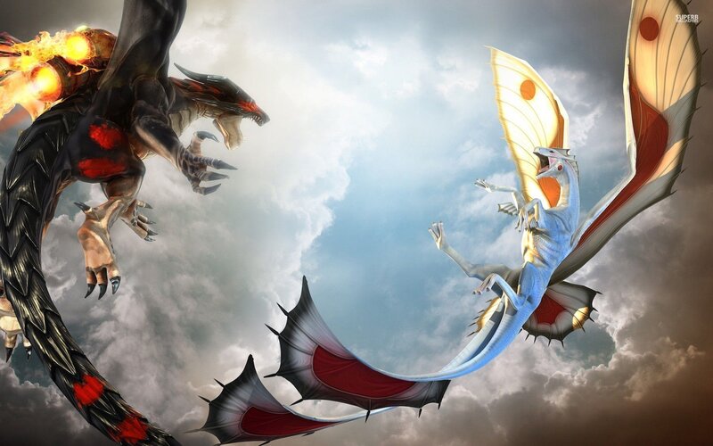 Two Dragons Fighting — Blue, Dramatic, Digital Art