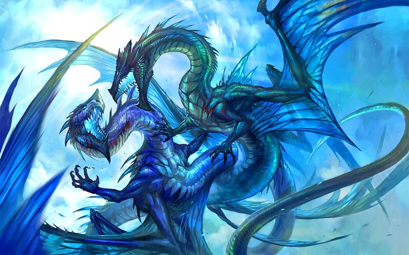 Two Dragons Fighting — Blue, Dramatic, Digital Art, Wings