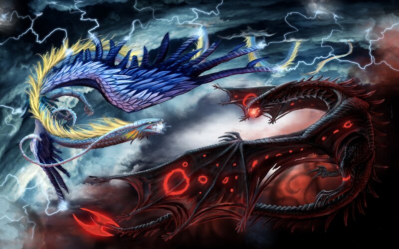Two Dragons Fighting — Blue, Dramatic, Night, Digital Art, Lightning, Clouds, Fire