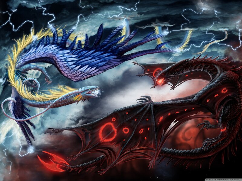 Two Dragons Fighting — Blue, Dramatic, Night, Digital Art, Lightning, Clouds