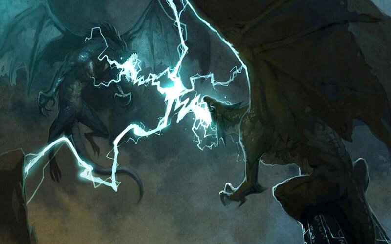 Two Dragons Fighting — Blue, Dramatic, Night, Digital Art, Lightning