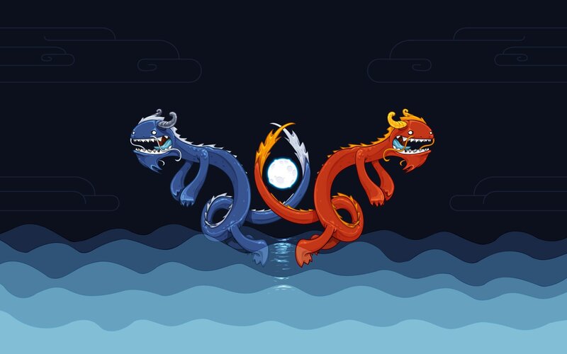 Two Dragons Fighting — Blue, Dramatic, Night, Digital Art, Moon