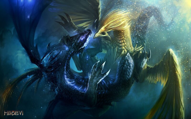 Two Dragons Fighting — Blue, Dramatic, Night, Digital Art, Wings, Stars, Claws, Gold