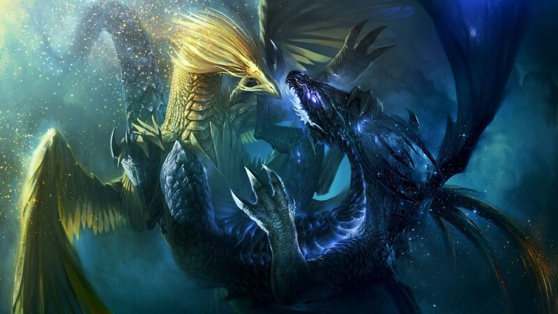 Two Dragons Fighting — Blue, Dramatic, Night, Digital Art, Wings, Stars, Fire