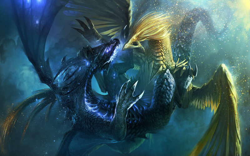 Two Dragons Fighting — Blue, Dramatic, Night, Digital Art, Wings