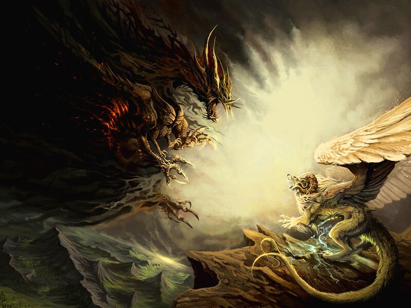 Two Dragons Fighting — Brown, Dramatic, Digital Art