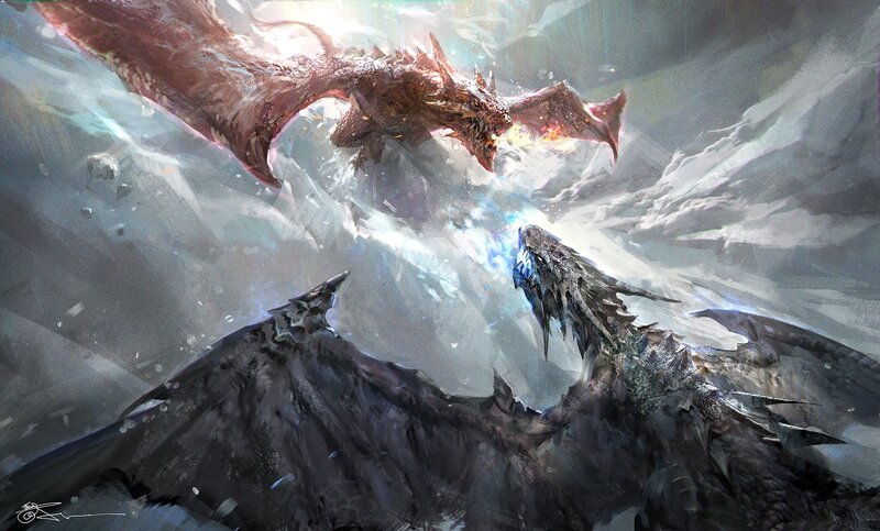 Two Dragons Fighting — Gray, Dramatic, Digital Art, Ice