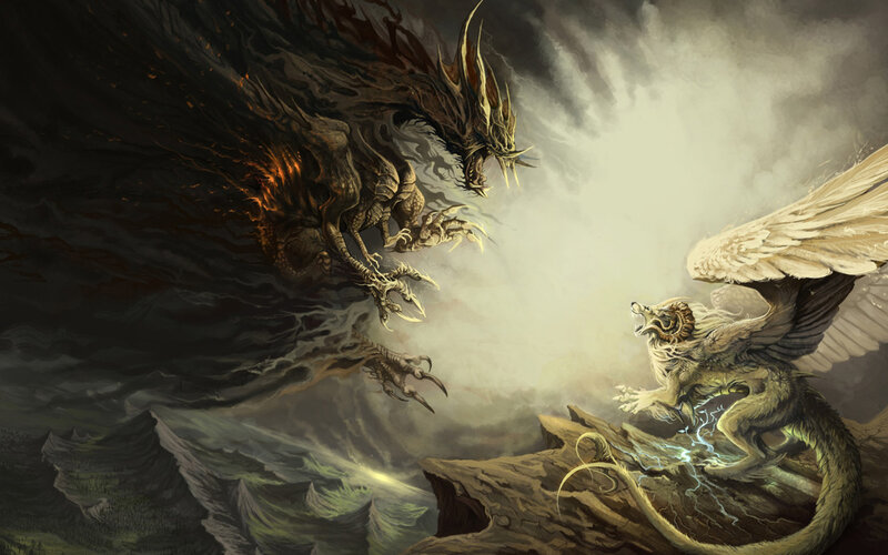 Two Dragons Fighting — Gray, Dramatic, Digital Art