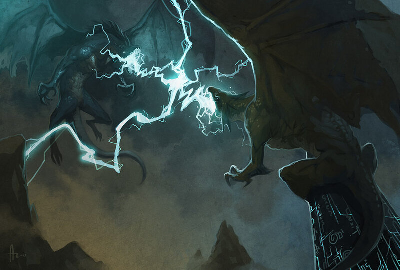 Two Dragons Fighting — Gray, Dramatic, Night, Digital Art, Lightning