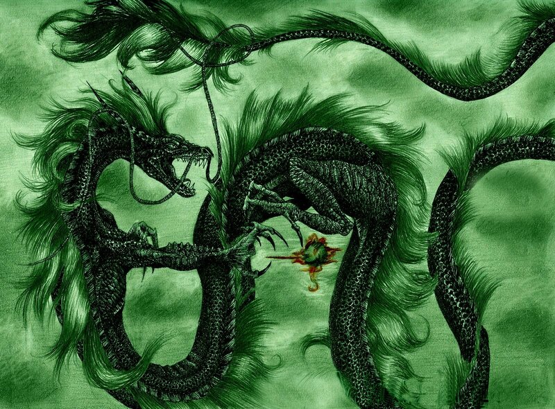 Two Dragons Fighting — Green, Dramatic, Digital Art, Dragon