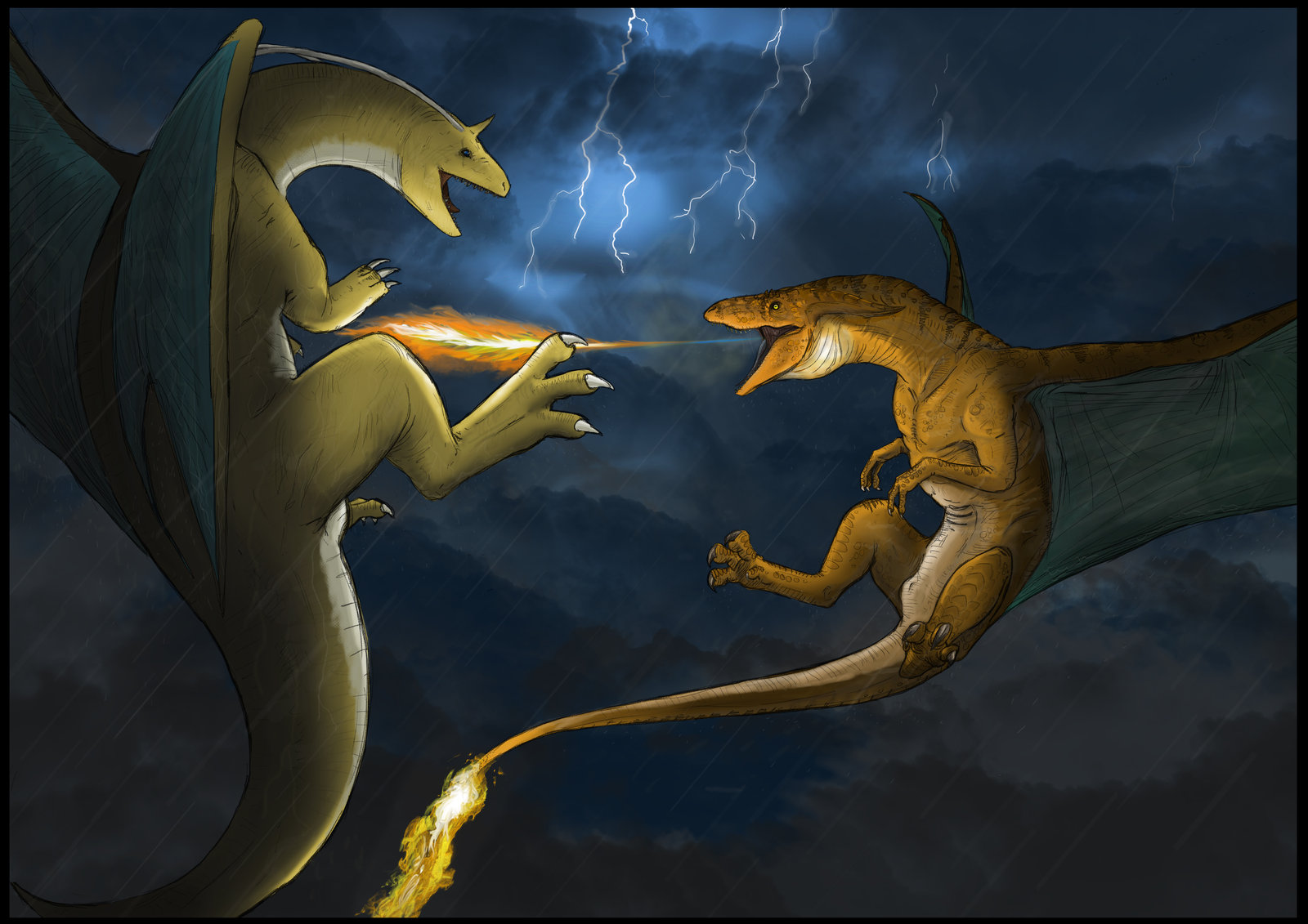 Two dragons fighting in storm