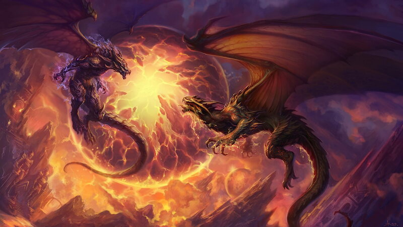 Two Dragons Fighting — Orange, Dramatic, Night, Digital Art