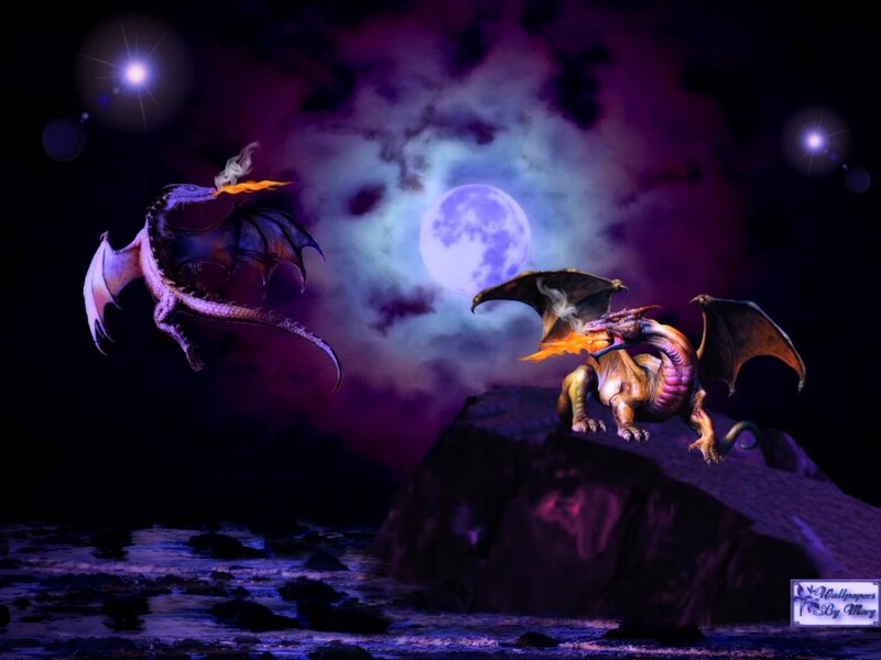 Two Dragons Fighting — Purple, Dramatic, Night