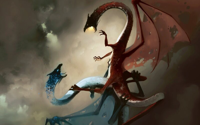 Two Dragons Fighting — Red, Dramatic, Digital Art, Clouds, Wings