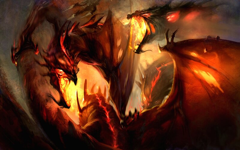 Two Dragons Fighting — Red, Dramatic, Digital Art
