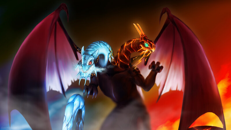 Two Dragons Fighting — Red, Dramatic, Digital Art, Wings