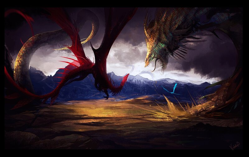 Two Dragons Fighting — Red, Dramatic, Night, Digital Art, Mountains