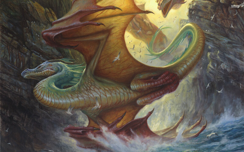 Two Dragons Fighting — Yellow, Dramatic, Sunset, Illustration