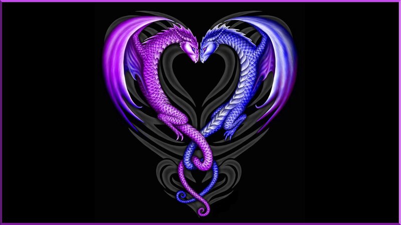 Two Dragons Forming Heart — Purple, Dramatic, Digital Art, Heart Shape