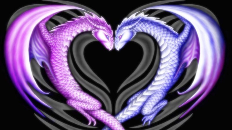 Two Dragons Forming Heart — Purple, Dramatic, Digital Art