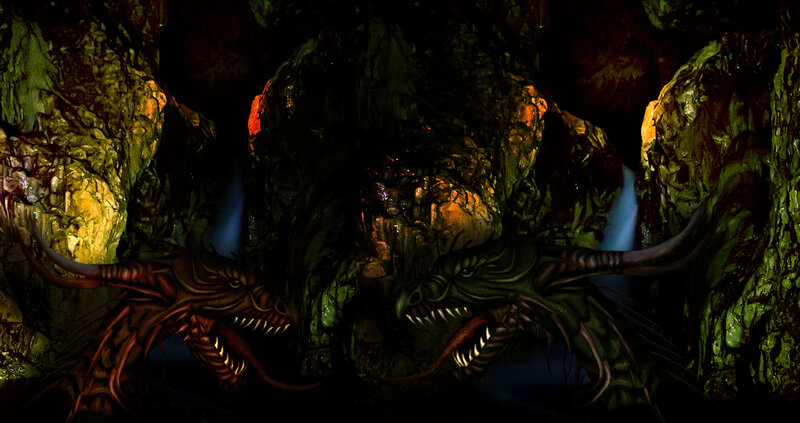 Two dragons in a dark cave