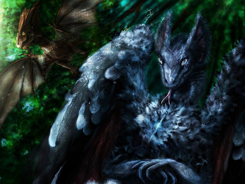 Two dragons in a forest