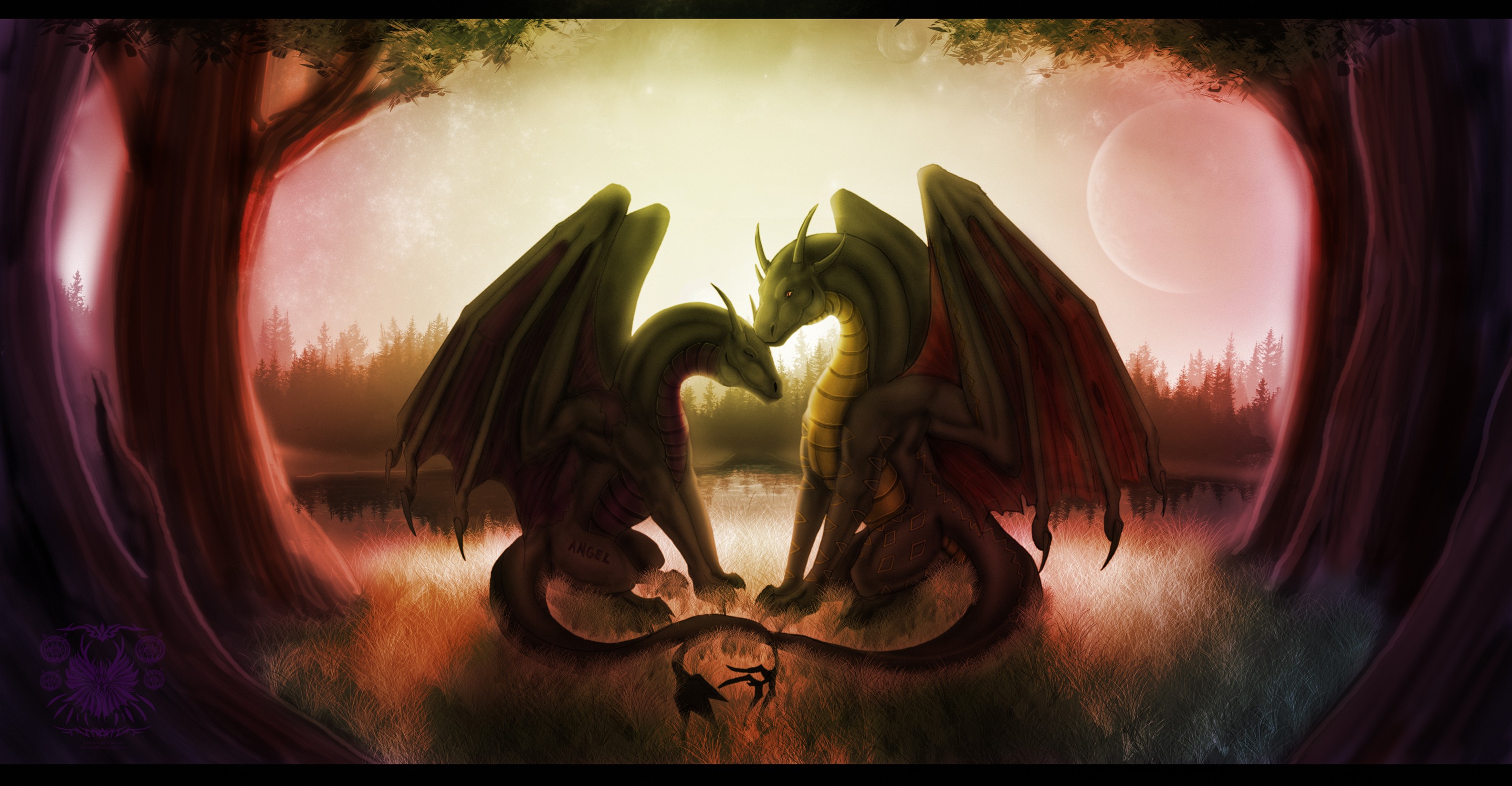 Two dragons in a forest clearing