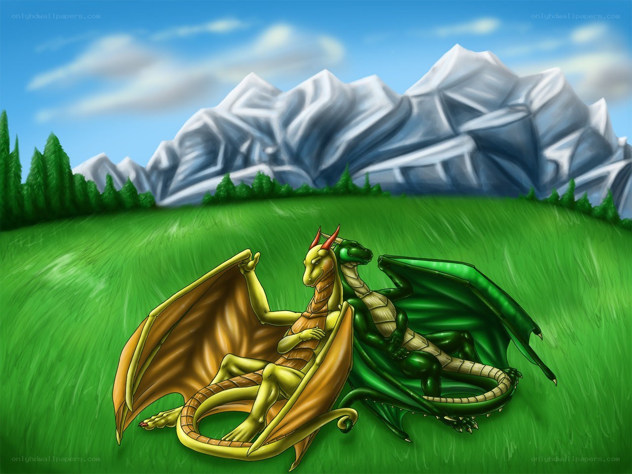 Two dragons in a meadow