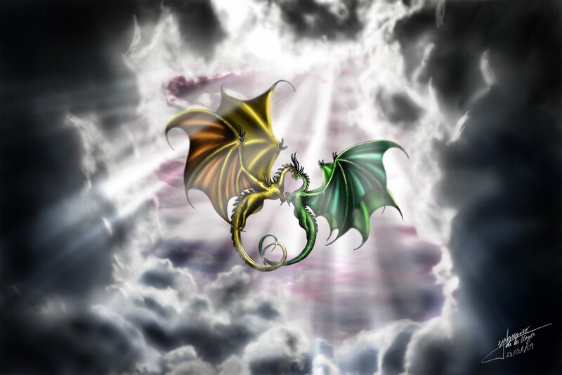 Two dragons in a stormy sky