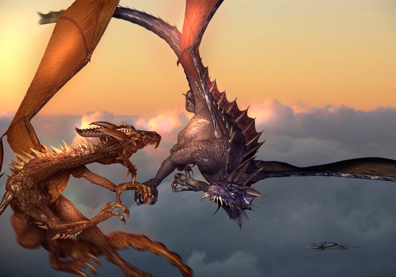 Two dragons in aerial combat