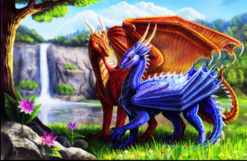 Two Dragons in Field — Blue