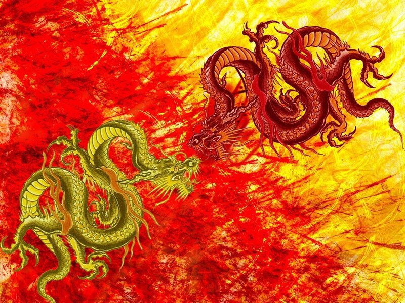 Two dragons in fiery battle