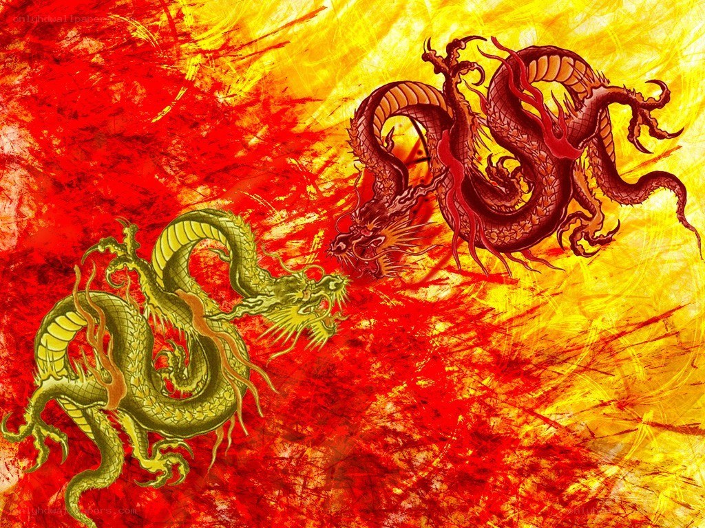 Two dragons in fiery battle