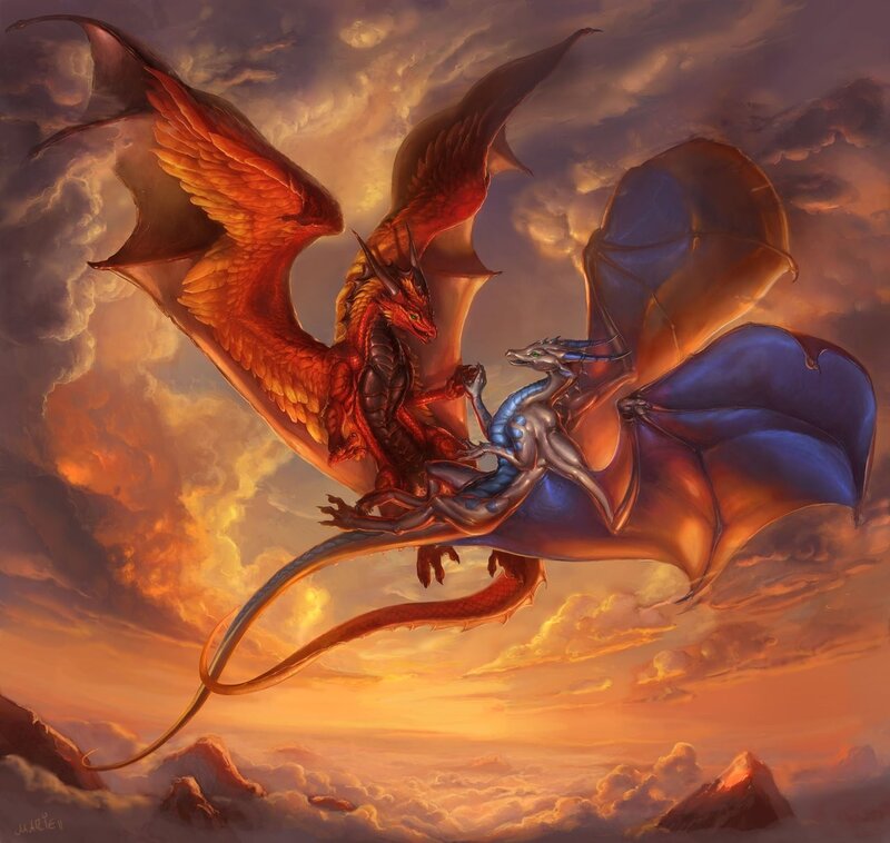 Two Dragons in Flight — Orange, Dramatic, Sunset