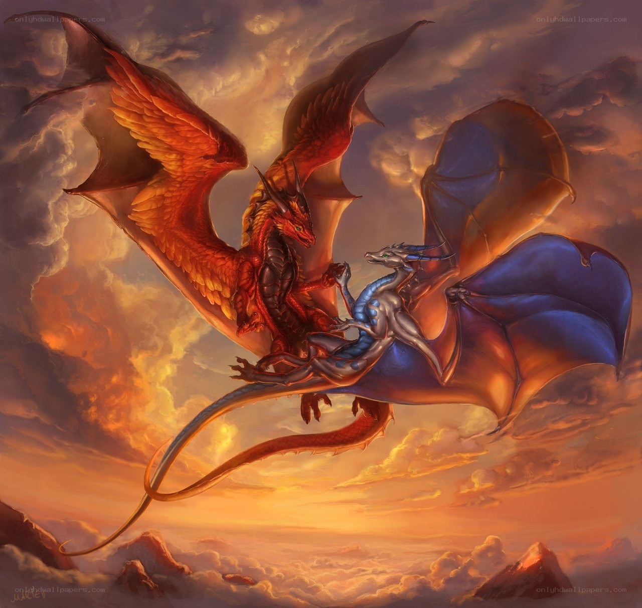 Two dragons in flight