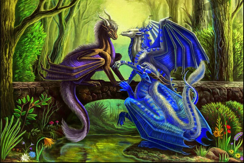 Two Dragons in Forest — Blue