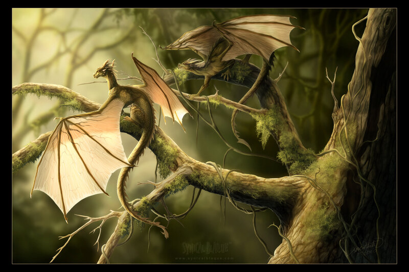 Two dragons on a tree branch